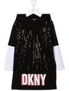DKNY LOGO-PRINT SEQUIN-EMBELLISHED HOODED JUMPER DRESS