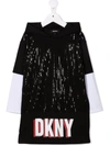 Dkny Logo-print Sequin-embellished Hooded Jumper Dress In Black
