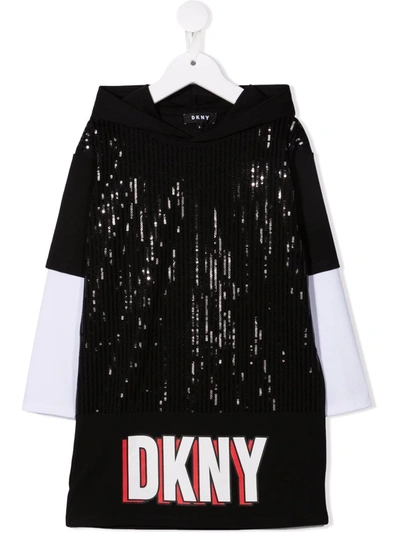 Dkny Kids' Logo-print Sequin-embellished Hooded Jumper Dress In Black