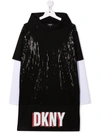 Dkny Logo-print Sequin-embellished Hooded Jumper Dress In Black