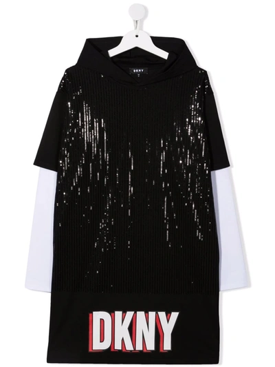 Dkny Kids' Logo-print Sequin-embellished Hooded Jumper Dress In Black