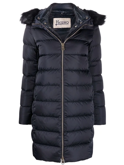 Herno Elisa Faux Fur Collar Puffer Coat In Navy