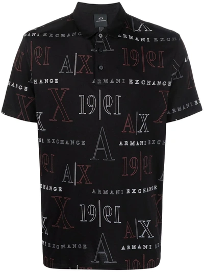 Armani Exchange Monogram-print Polo Shirt In Black