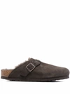 Birkenstock Khaki-green Suede Boston Shearling Mules In Green