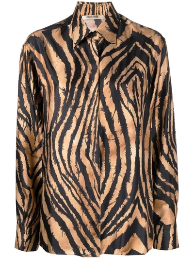 Roberto Cavalli Tiger-print Lightweight Fluid Shirt In Nude/black