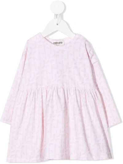 Kenzo Babies' Monogram-print Long-sleeve Cotton Dress In Pink