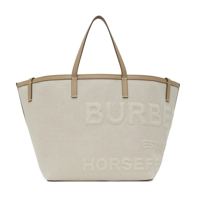 Burberry Leather-trimmed Appliquéd Linen And Cotton-blend Canvas Tote In 크림색