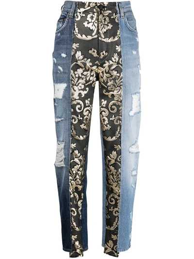 Dolce & Gabbana Brocade-paneled Distressed High-rise Tapered Jeans In Medium Wash