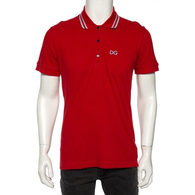 Pre-owned Dolce & Gabbana Red Cotton Pique Striped Collar Detail Polo T-shirt L
