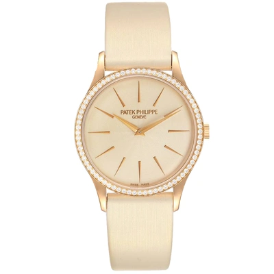 Pre-owned Patek Philippe Beige Diamonds 18k Rose Gold Calatrava 4897r Women's Wristwatch 33 Mm