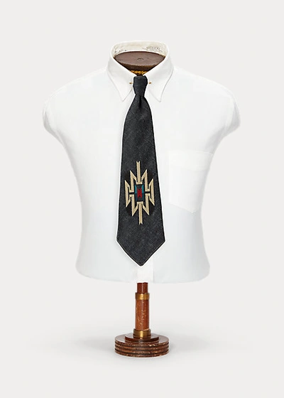 Double Rl Handmade Embroidered Denim Tie In Indigo