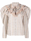 ULLA JOHNSON RUFFLED-NECK CHECK PATTERN BLOUSE