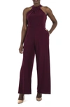 Nina Leonard Twist Halter Ity Knit Jumpsuit In Deepwine