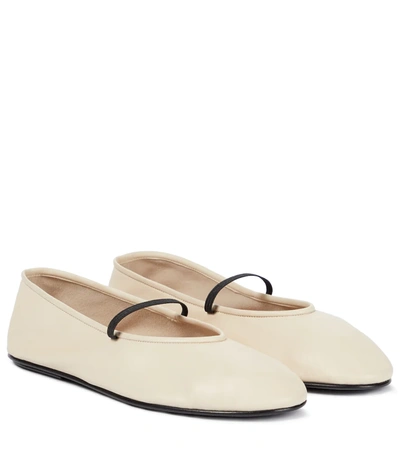 The Row Elastic Leather Ballet Flats In White
