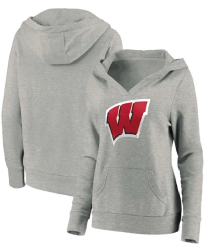 Fanatics Women's Heathered Gray Wisconsin Badgers Primary Logo V-neck Pullover Hoodie In Heather Gray