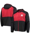 COLUMBIA MEN'S BLACK, SCARLET NEBRASKA HUSKERS FLASH FORWARD HOODIE FULL-ZIP WINDBREAKER JACKET