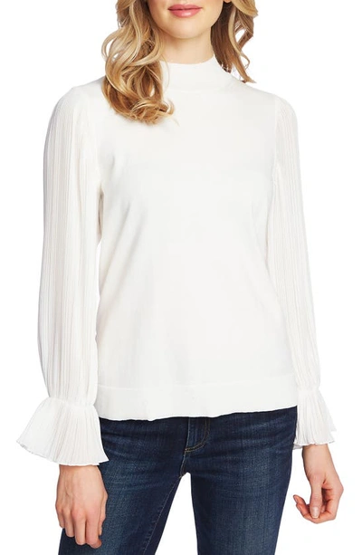 Cece Pleated Sleeve Mock Neck Sweater In White