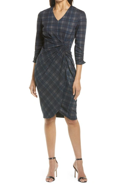 Tahari Plaid V-neck Sheath Dress In Blue Grey Combo