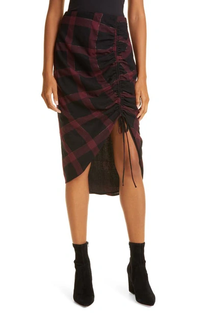 Ramy Brook Wilma Metallic Buffalo Plaid Side Ruched Skirt In Bordeaux Combo