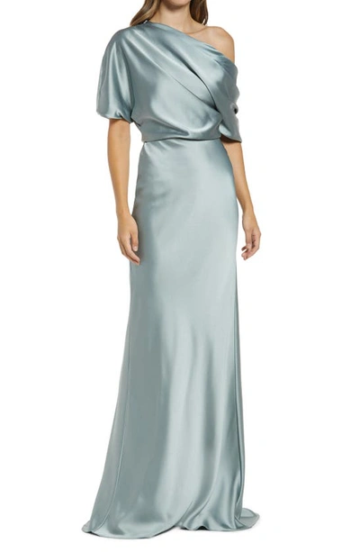 Amsale One-shoulder Fluid Satin Gown In Jade