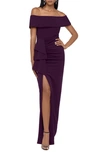 Xscape Women's Off-the-shoulder Leg-slit Long-sleeve Gown In Mulberry