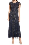 Pisarro Nights Beaded Mesh Column Gown In New Slate