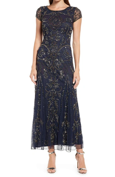 Pisarro Nights Beaded Mesh Column Gown In New Slate