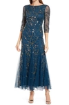 Pisarro Nights Illusion Sleeve Beaded A-line Gown In Sapphire