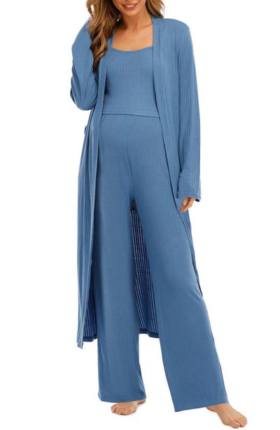 Savi Mom St. Tropez Maternity Tank, Trousers And Maxi Dressing Gown Set In Medium Blue