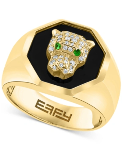 Effy Collection Effy Men's Onyx, Diamond (1/4 Ct. T.w.) & Tsavorite Accent Panther Ring In 14k Gold In Yellow Gold