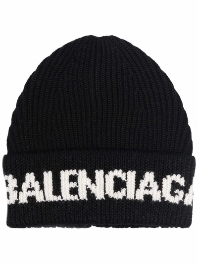 Balenciaga Black Logo-intarsia Wool-blend Beanie In Noir/ecru