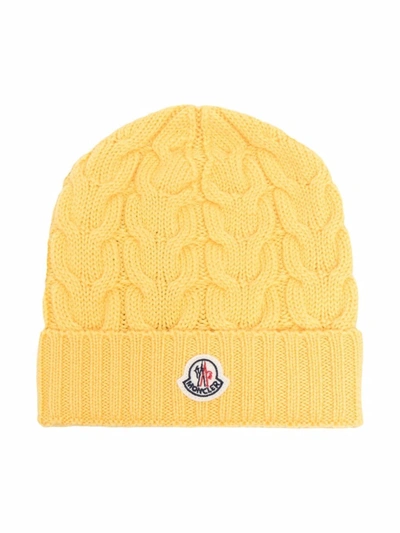 Moncler Kids' Logo-patch Cable-knit Hat In Yellow