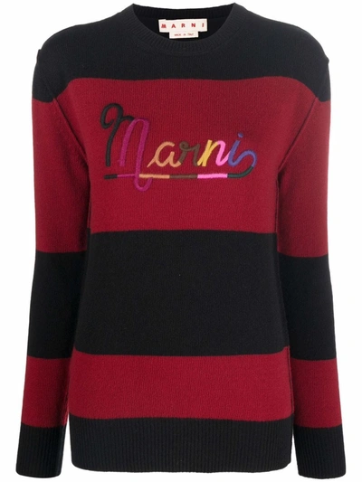 Marni Shetland Wool Sweater With Embroidered Logo In Burgundy