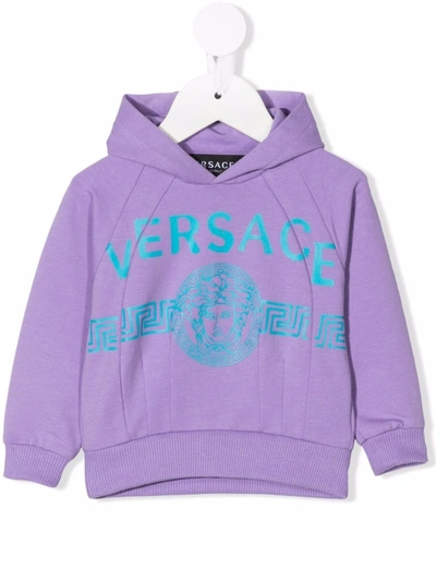 Versace Babies' Purple Sweatshirt With Hood And Light Blue Print Kids In Lilla/turchese