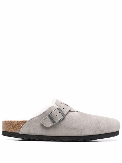 Birkenstock Stone Grey Boston Fur-lined Buckle Sandals In Multi