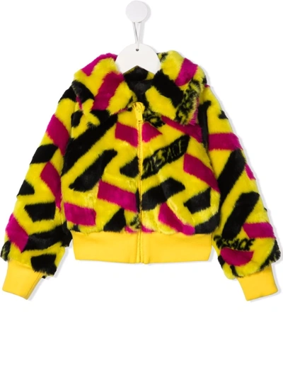 Versace Babies' Little Girls & Girls Faux Fur Monogram Jacket In Yellow Black