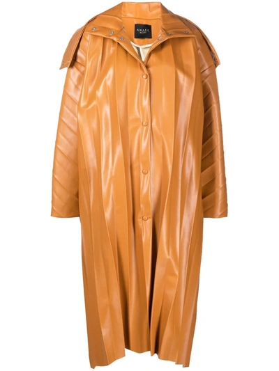 A.w.a.k.e. Hooded Pleated Faux Leather Coat In Orange