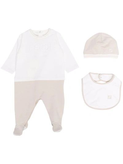 Fendi Baby Long Sleeve Footie With Hat And Bib In White