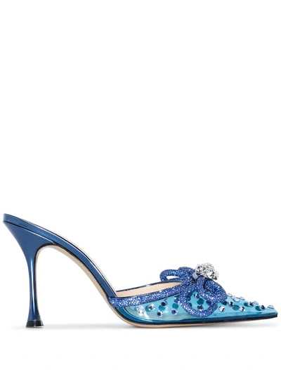 Mach & Mach Double Bow 100mm Crystal-embellished Mules In Blue