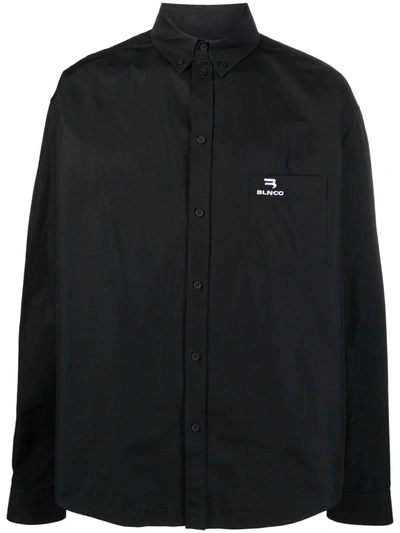 Balenciaga Large-fit Logo Button-front Shirt In Black