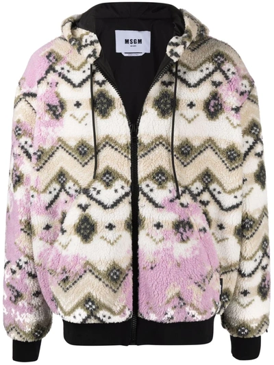 Msgm Sherpa Jacket With A Norwegian Motif In Pink