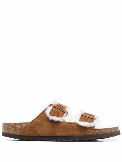 Birkenstock Arizona Shearling-lined Suede Sandals In Mink/natural