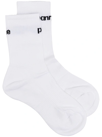 Paco Rabanne Logo Intarsia Ribbed Socks In Bianco/nero