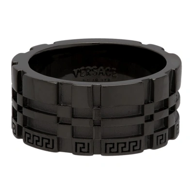 Versace Gunmetal Greca Logo Band Ring In 3j090 Silve
