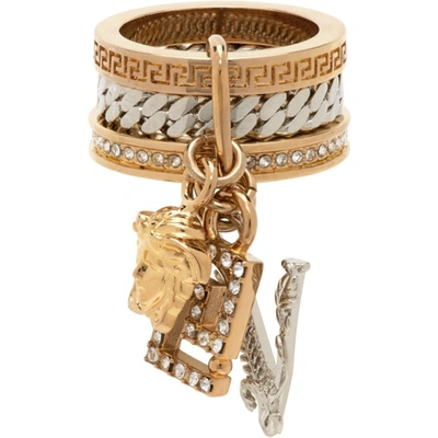 Versace Crystal Thick Ring W/ Charms In Gold,silver