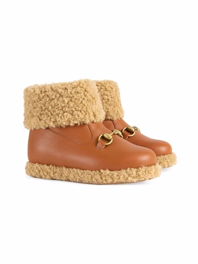 Gucci Kids' Horsebit-detail Shearling-trim Boots In Brown