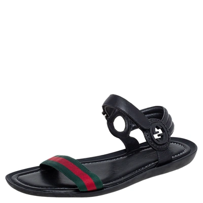 Pre-owned Gucci Black Leather And Canvas Web Ankle Strap Flat Sandals Size 42