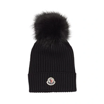 Moncler Girls Black Kids Logo-embroidered Ribbed Wool-blend Beanie 2-14 Years S