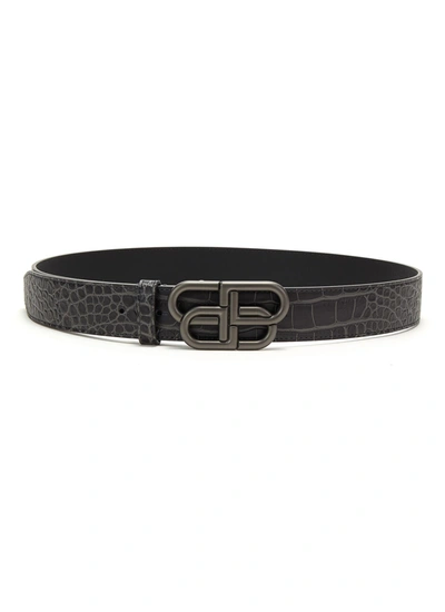 Balenciaga Croc-embossed Bb Logo Belt Dark Grey In Black