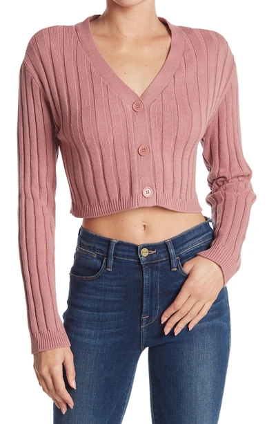 Abound Long Sleeve Ribbed Cropped Cardigan In Pink Nostalgia